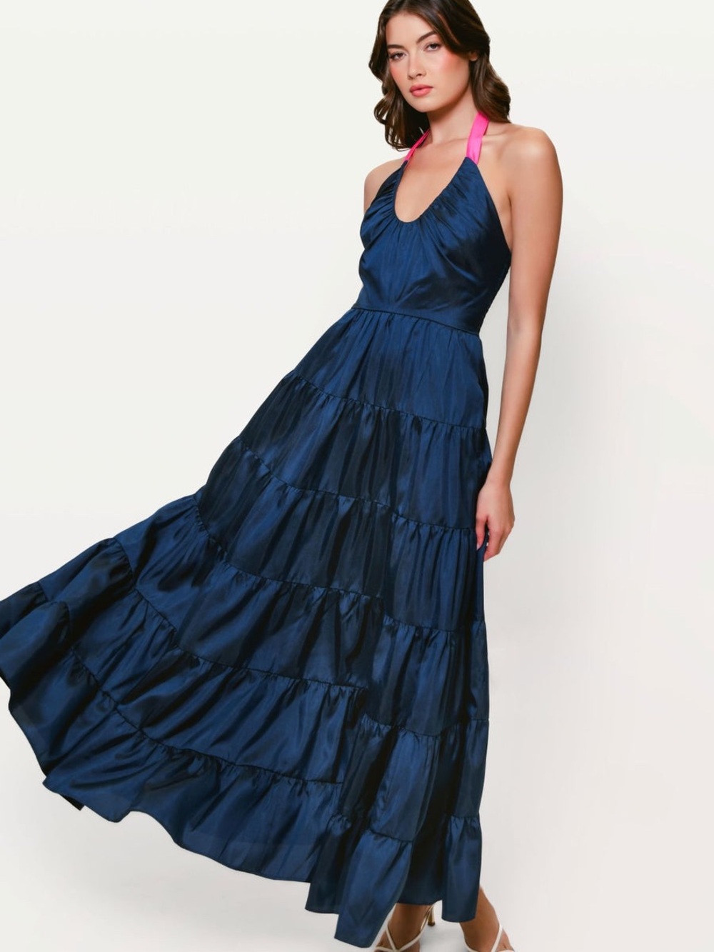 Hutch Vena Navy Halter Maxi Dress with Pink Tie S